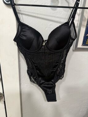 PLAYBOY Black Lace & Satin Bodysuit vintage Y2K